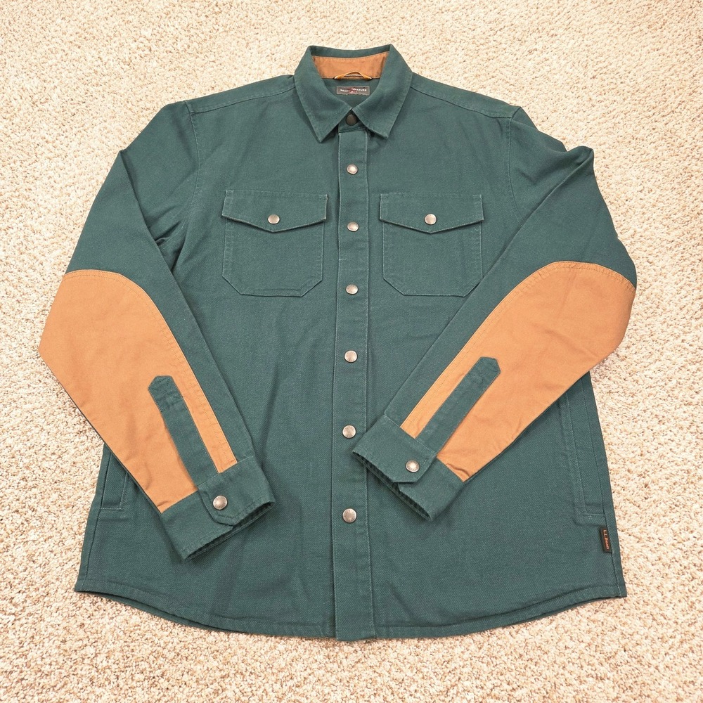 LL Bean Signature Canvas Shirt Jacket Green Elbow Patches Workwear Mens L (Read)
